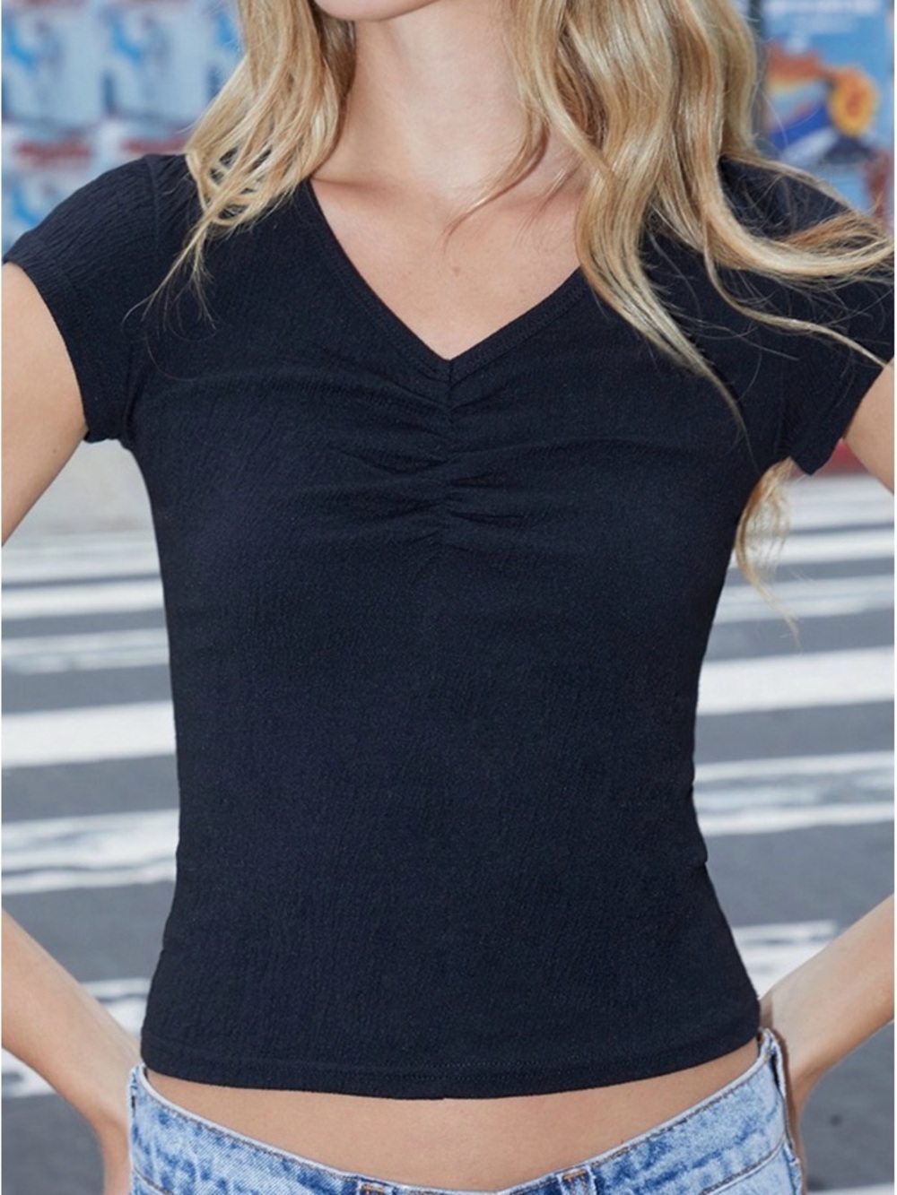 Brandy Melville Black Ruched V-Neck Short Sleeve Top